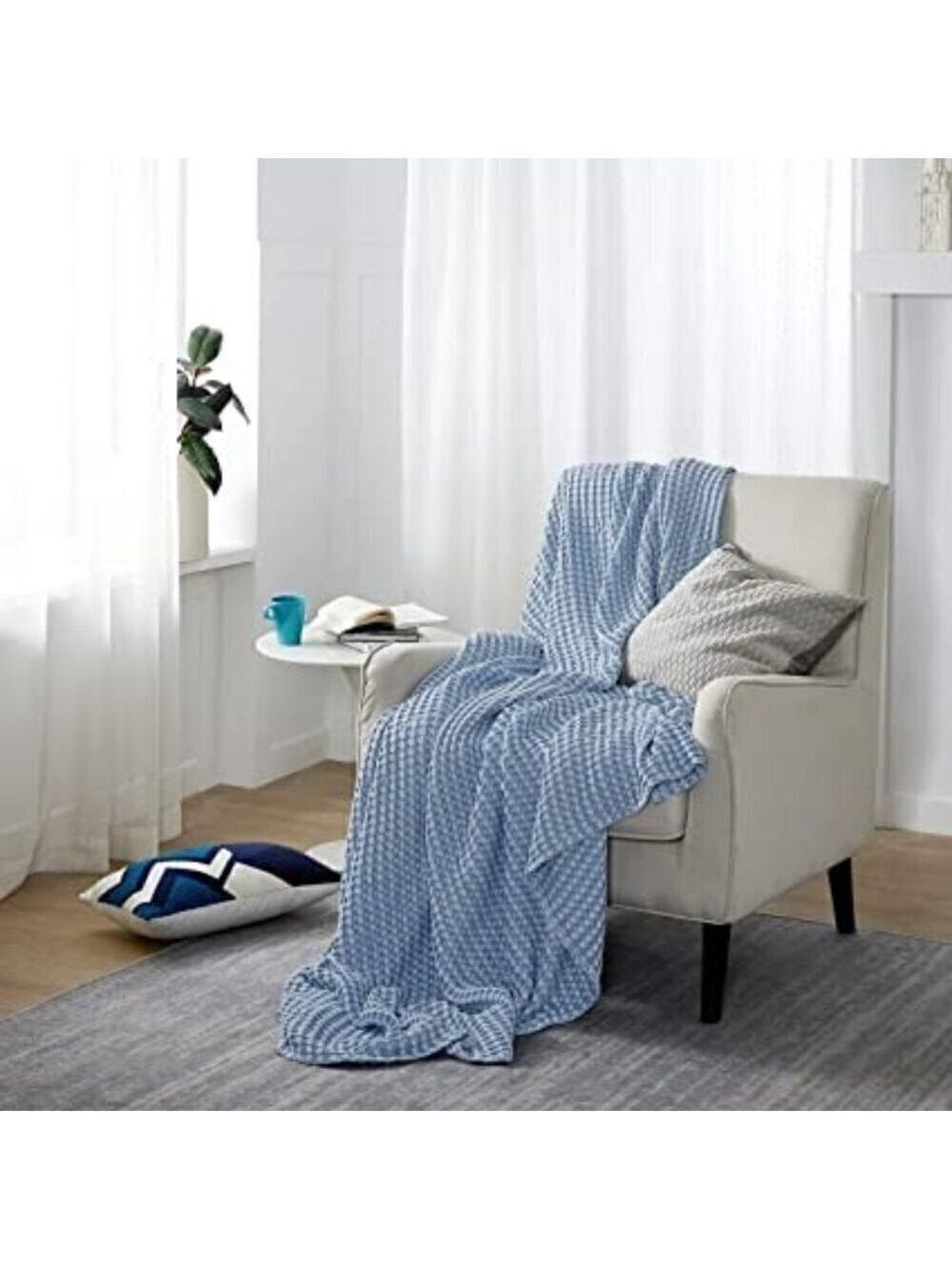 COTTON Waffle Weave Bamboo Blanket Queen Size Blue Soft Lightweight Bed Blanket